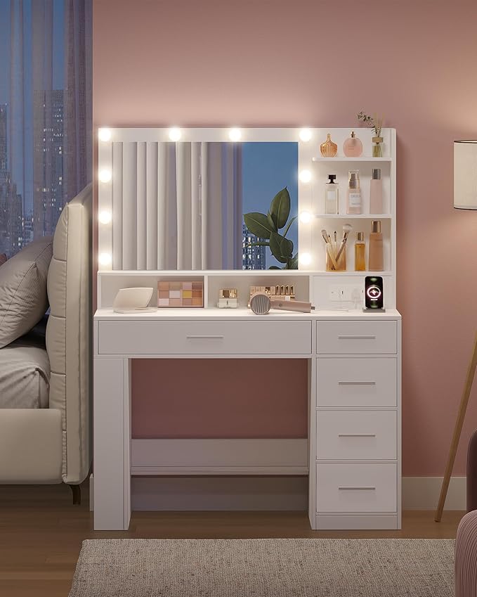 Vanity Desk with Large HD Mirror, Makeup Vanity with Led Lights, Dressing Table with Power Strip, 6 Storage Shelves, 5 Drawers and Side Open Storage, Simple, White WX426HDT