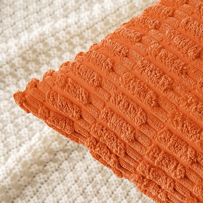MIULEE Euro Sham Fall Corduroy Decorative Throw Pillow Covers 22x22 Orange | Pack of 2 Soft Boho Striped Pillow Covers Modern Farmhouse Autumn Home Decor For Sofa Living Room Couch Bed