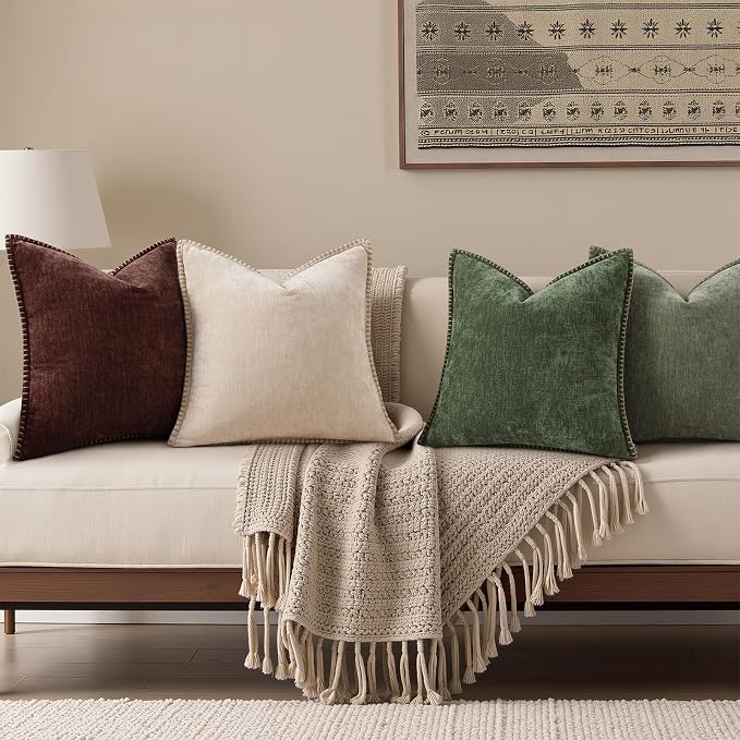 decorUhome Soft Chenille Throw Pillow Covers 26x26 Set of 2 Olive Green | Fall Textured Decorative Throw Pillow Cases Stitched Edge Modern Farmhouse Luxury Boho Velvet for Couch Sofa Bed Home Decor
