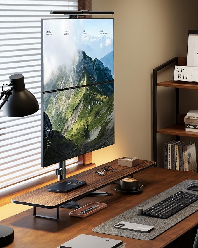 monTEK Freestanding Stacked Dual Monitor Stand for 17-32", 22 lbs Each | Solid V-shaped base, vertical dual-screen full-motion arms, height adjustment, tilt, swivel, rotation and VESA 75/100