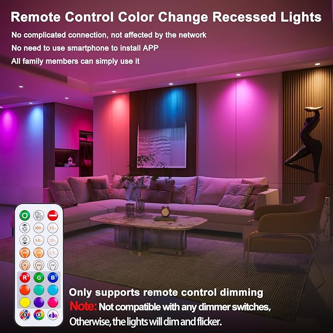 Recessed Lighting 6 Inch Black Color Changing Canless LED Recessed Ceiling Light with Junction Box,16W 1350LM LED Downlight Dimmable by Remote Control, Memory, 3 Modes, Delayed Light Off, 1Pack