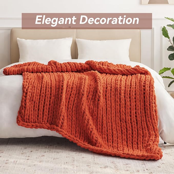 Negwoo Chunky Knit Throw Blanket, Knitted Throw Chenille Yarn, 30"*40" | Soft Thick Cable Knitted Blankets, Handmade Big Thick Blanket, Machine Washable Cute Comfy Blanket for Home Decor, Orange