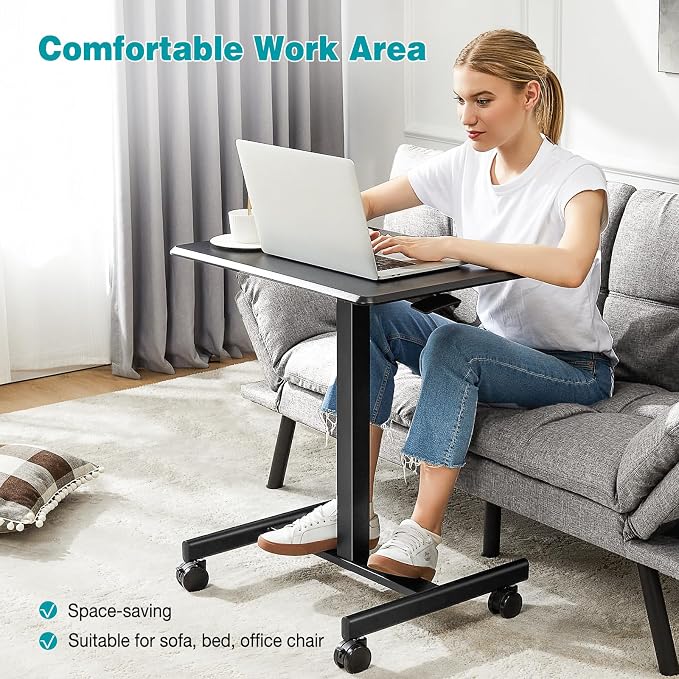 DUMOS Mobile Rolling Desk with Wheels Adjustable Height | Small Standing Desks Portable Laptop PC Table, Computer Workstation for Home Office Small Space, Modern Black