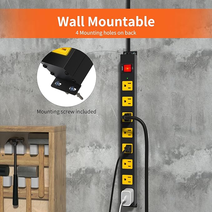 8 Outlet Power Strip 2100J Surge Protector, 15FT Heavy Duty Extension Cord Wide Spaced Outlet and Wall Mount Metal Powerstrip for Home Office Garage Workshop