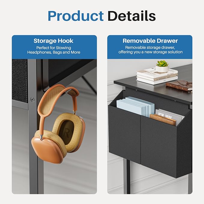 OLIXIS 32 Inch Small Desk, Gaming Computer Desk, Side Bag | Fabric Drawers, Headphone Hook, Home Office, Work Table, Writing Study, Bedroom, Black