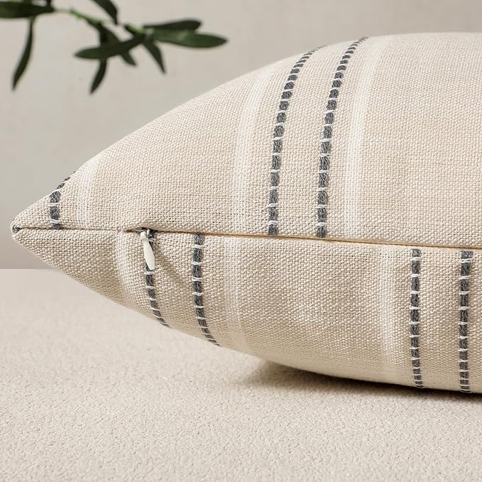 Hckot Throw Pillow Covers 22x22 Set of 2 Striped Pillow Covers Textured Linen Decorative Pillows Square Cushion Covers for Sofa Couch Bed Living Room Farmhouse Decor, Grey