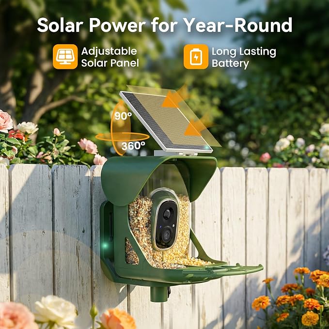 Smart Bird Feeder with Camera, AI Identify Birds Species, 2K HD Color Night Vision, IP65 Waterproof Solar Powered Bird Feeder with 142�� Wide Angle, Auto Capture & Real-Time Notifications, Ideal Gift