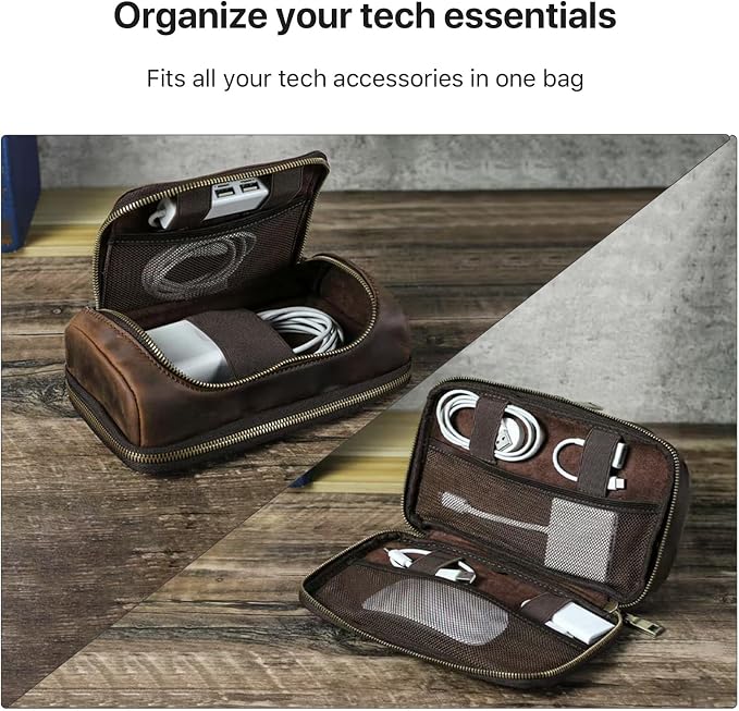 Hiram Handmade Crazy Horse Leather Electronic Organizer Travel Case Charger Organizer Travel Case Coffee