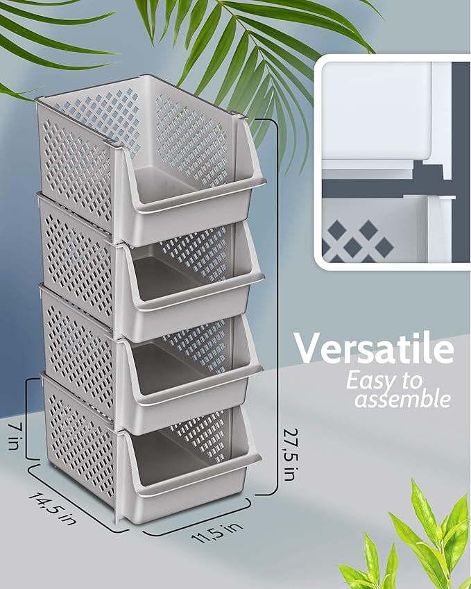 TidyFriend Stackable Storage Bins for Pantry, 4 Pack Stackable Bins For Organizing Food, Kitchen, and Bathroom Essentials (Light Grey)