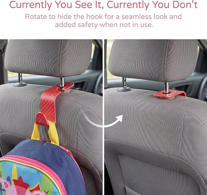 4PCS Car Seat Headrest Hooks, Auto Back Seat Hanger Holder, Durable Stylish Vehicle Organizer Universal Car Interior Accessories, Storage Hooks for Purses, Bags, Clothes (Carbon Fiber/Red)