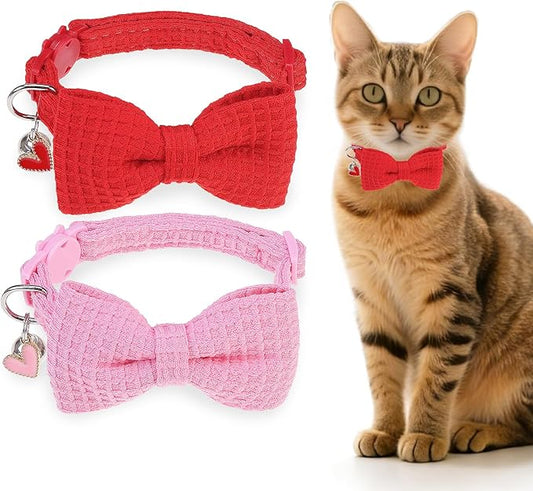 Cat Collar Breakaway with Bells, Soft Cotton Pink Cat Bowtie Collar for Girl Cats, Small Cats Collar with Bow for Spring Summer, 2 Pack Cute Kitten Collars with Removable Bowtie 8-12Inch