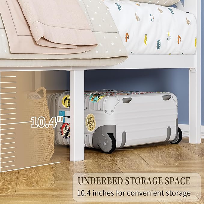 Full White Metal Bed Frame with USB Charging Station, LED Ambient Lighting, and Wooden Storage Headboard - Includes Under-Bed Storage, No Box Spring Needed, Noise Free, Easy to Assemble