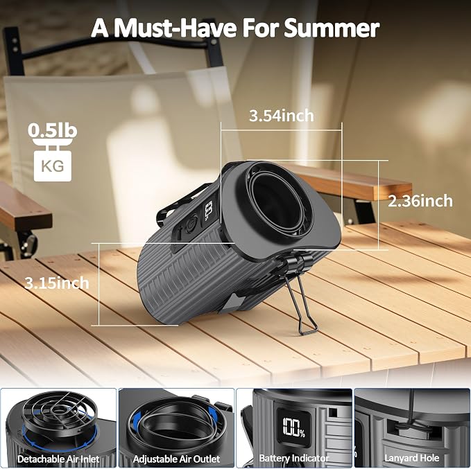 Portable Mini Waist Fan, Personal Waist Clip Fan With Max 20H Working Time, 5 Speeds 11000RPM Strong Airflow, Rechargeable Hands-free Wearable Belt Fan for Outdoor Jobsite Camping Traveling Fishing