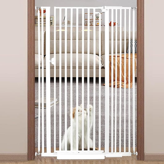 71“ Extra Tall Cat Gate for Doorway: 37.4-41.3” Wide Pet Gate, Auto Close/One Handed Open, 1.34” Extra Small Gap, No Drill Pressure Mount Tall Cat Gate for Interior Stairs/Kitchens/Hallways (White)