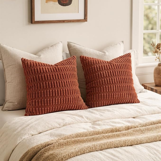 MIULEE Fall Pack of 2 Rust Corduroy Decorative Pillow Covers 12x12 Inch Soft Boho Striped Throw Pillow Covers Modern Farmhouse Home Decor for Sofa Living Room Couch Bed