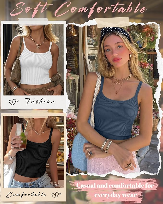 Ficerd 3 Pack Women's Tank Tops 95% Cotton Spaghetti Strap Ribbed Crop Camisole Slim Fitted Basic Summer Sleeveless Layer