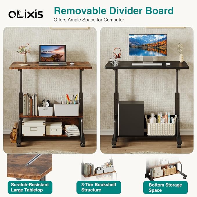 OLIXIS Rolling Desk, Storage Shelves, Laptop Table, Home Office | Height Adjustable Design, Computer Desks on Wheels, Portable for Small Spaces Use, Rustic Brown