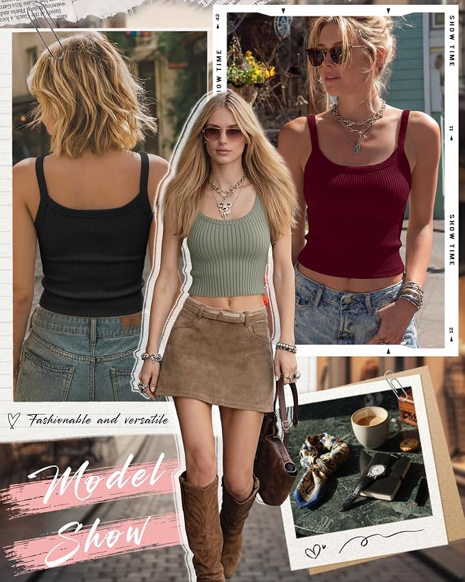 Ficerd 3 Pack Women's Tank Tops 95% Cotton Spaghetti Strap Ribbed Crop Camisole Slim Fitted Basic Summer Sleeveless Layer