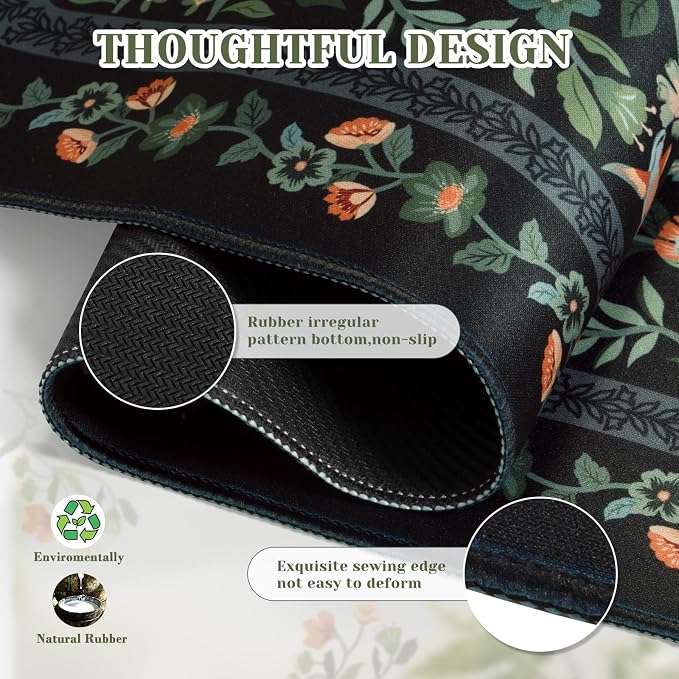 iCasso Aesthetic Mouse Pad,23.6x13.7in Desk Pad, Black Flower | Vintage Desk Matt for Desktop, Anti-Slip Mousepad with Stitched Edges for Laptop Computer Keyboard
