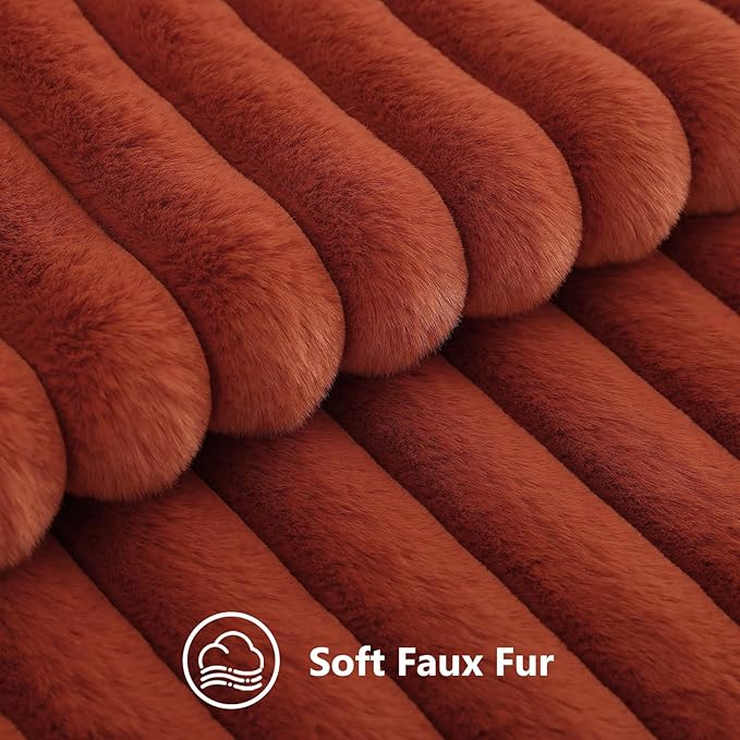 decorUhome Fall Faux Fur Throw Pillow Covers 12x20 Set of 2 Rust | Decorative Soft Cozy Striped Plush Modern Farmhouse Boho Couch Pillow Cases Velvet Back for Sofa Bed Living Room Home Decor
