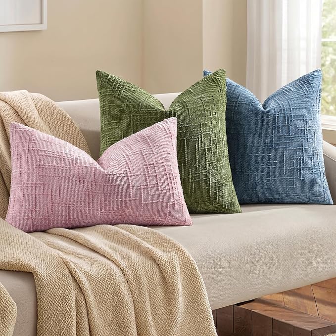 decorUhome Textured Chenille Throw Pillow Covers 26x26 Set of 2 Blush Pink | Fall Modern Farmhouse Soft Cozy Slubby Couch Pillow Cases Boho Decorative Pillow Cases for Bed Sofa Living Room Home Decor