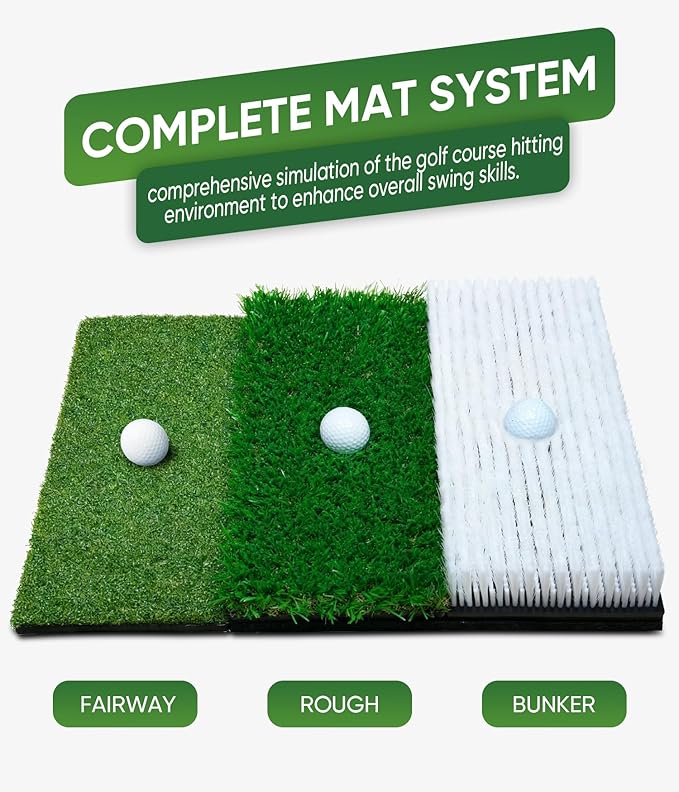 Golf Hitting Mat System Includes Bunker, Fairway and Rough Replaceable Mat, Complete Practice Equipment Indoor and Outdoor Swing Trainer Aid Accessories Gifts for Men