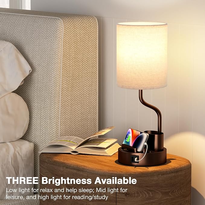 Fenmzee Bedside Lamps for Bedroom Set of 2 - Table Desk Lamp for Nightstand | 15" Table Lamp for Living Room with Pen Holder & Phone Stand, USB A+C Port, AC Outlet, 3 Color Temperature, LED Bulb Included