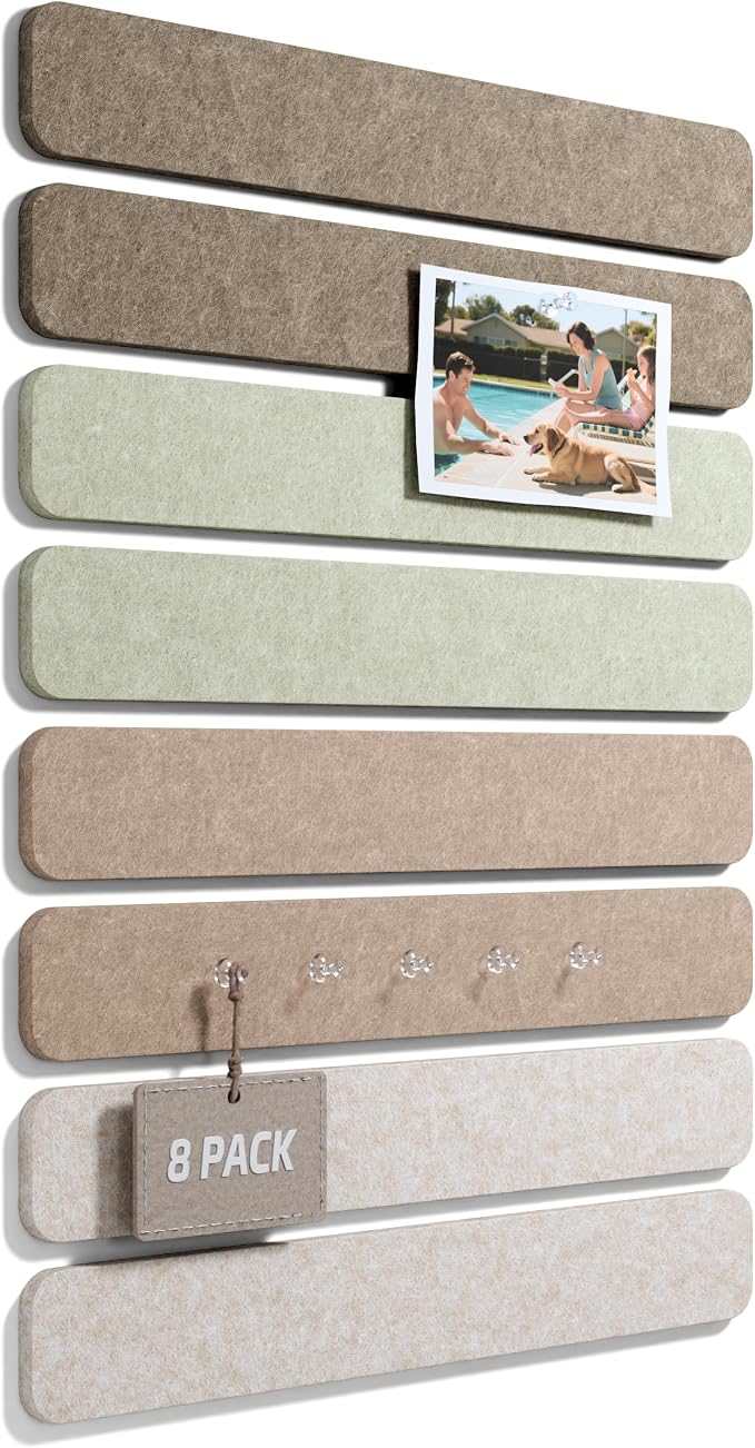 Fluxynara 13" x 2" Felt Wall Panels, Linen Dusk | 8-Pack Includes 50 Push Pins and Adhesive Tabs for Photos, Notes and Decor in Bedroom Doors, Home Office or Studios