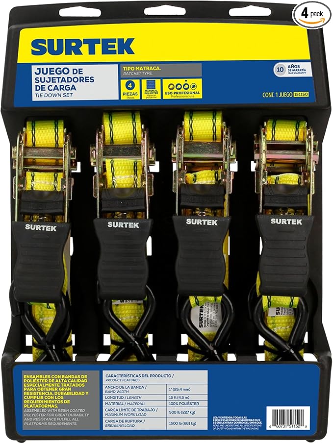 SURTEK Ratchet Straps Set - 4-piece 1" x 15' Tie Down Kit with 500lbs Working Load & 1500lbs Break Strength - 151150
