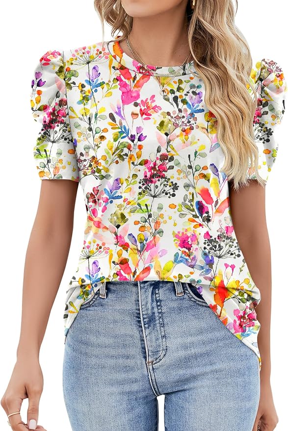 Ivicoer Puff Short Sleeve Shirt for Women Eyelet Tops Summer Crewneck Blouse Loose Fit S-XXL