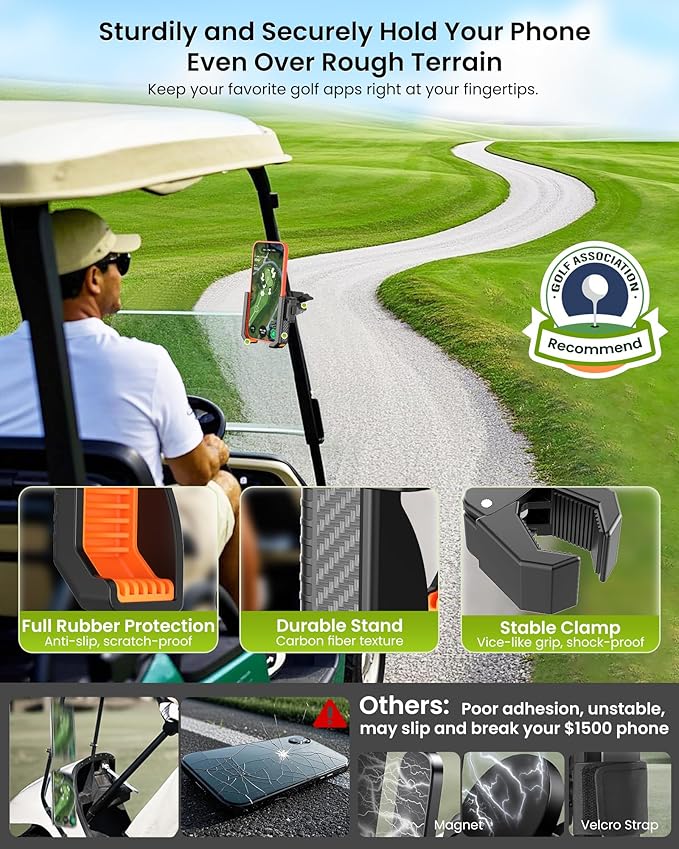 Golf Cart Phone Holder Mount - 3s Phone Clip Install, 1s Lock & Release，Phone Caddy for iPhone Galaxy & More Fits Yamaha Club Car EZGO Icon, Golf Cart Accessories Essentials Gift for Men Women