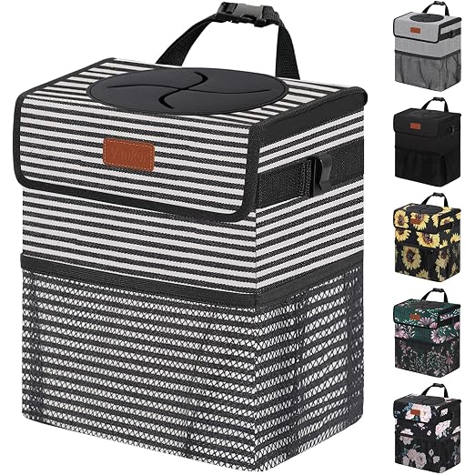 Vankor 3 Gallons Car Trash Can with Lid, Car Trash Bag Bin Hanging Waterproof Automotive Garbage Cans Leak Proof Vehicle Trash Can Stripe