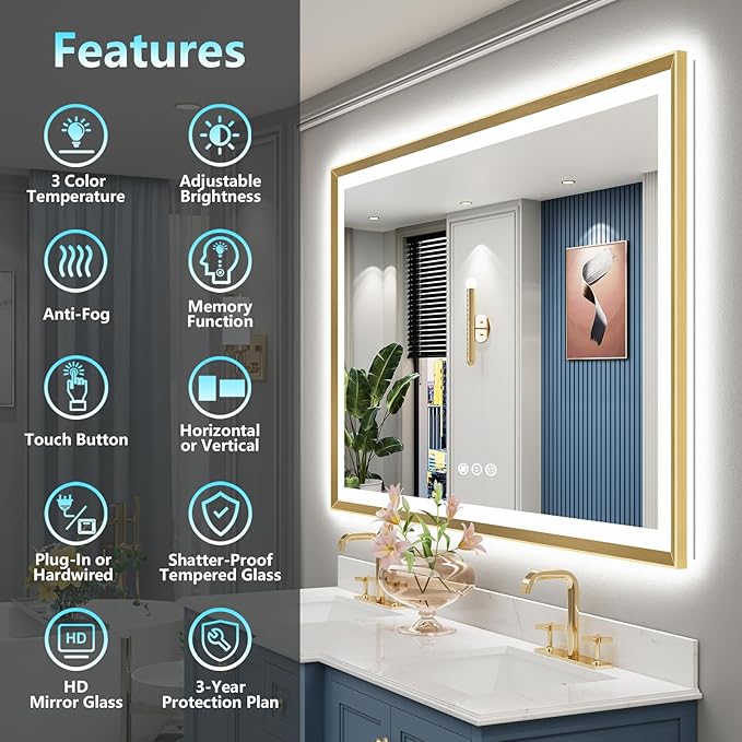 50x40 Gold Beveled LED Bathroom Mirror with Lights, Brushed Gold Framed Backlit and Front Lit Anti-Fog Lighted Vanity Mirrors for Bathroom Wall, Dimmable, 3 Colors, Memory, HD Tempered Glass