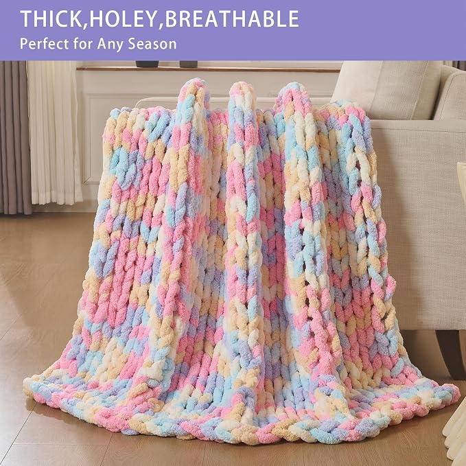 Bigacogo Chunky Knit Throw Blanket for Couch, 40x40 inches, PastelDreamMix | Hand Knit with Jumbo Chenille, Soft Breathable Cable Knit for Sofa Bed Living Room, Machine Washable, Gift for Mom Friend