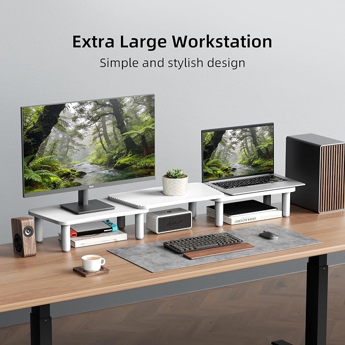 Dual Monitor Stand For Desk,Adjustable Height Long Wood Computer Riser | For Computer,Notebooks,Laptop,Printer,TV,Decoration for Office & Home ,White