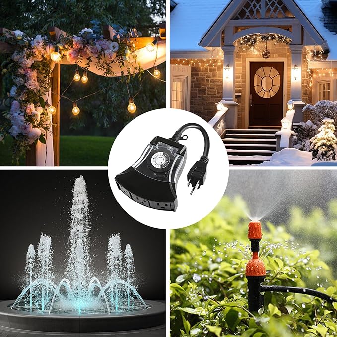Outdoor Timer Outlet Waterproof, 24 Hour Mechanical Timer Outlet for Home and Garden, 3 Grounded, 15A 3/4HP, Black, 1 Pack