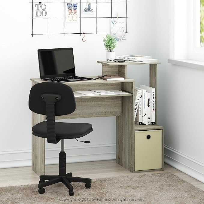 Furinno ECON Desk, 40-in Gaming Desk with Keyboard Tray, Computer Desk, Office Desk with Side Shelves and Storage Bin for Home Office, Study Room, Dorm, Light Oak