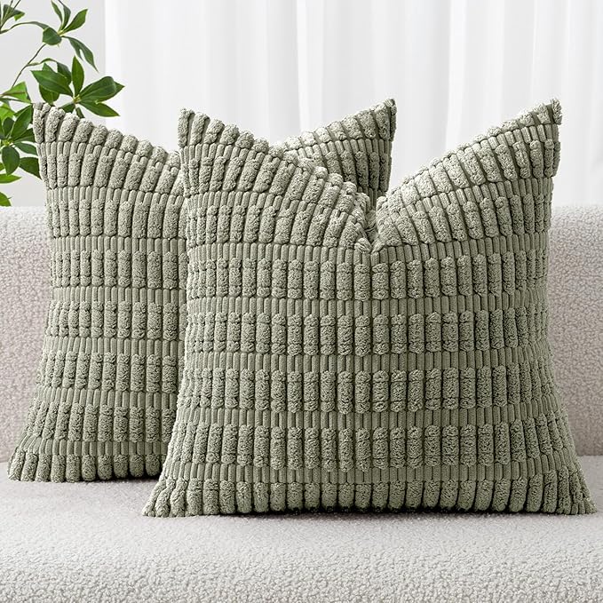 MIULEE Pack of 2 Corduroy Decorative Throw Pillow Covers 20x20 Inch Soft Boho Striped Pillow Covers Modern Farmhouse Home Decor for Summer Sofa Living Room Couch Bed Light Olive Green