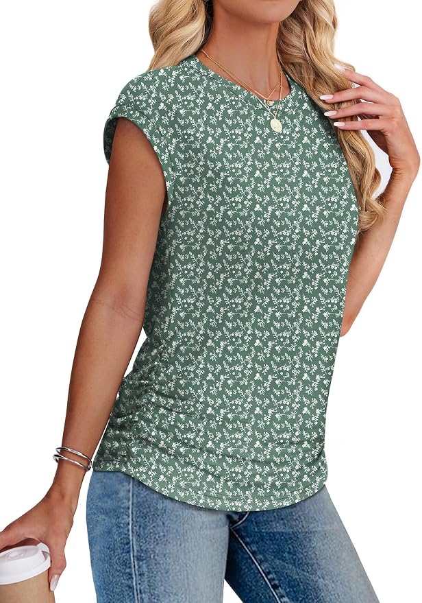 Sampeel Womens Summer Tops Trendy 2026 Ruched Cap Short Sleeve Tshirts Shirts Crew Neck T Shirts Fashion