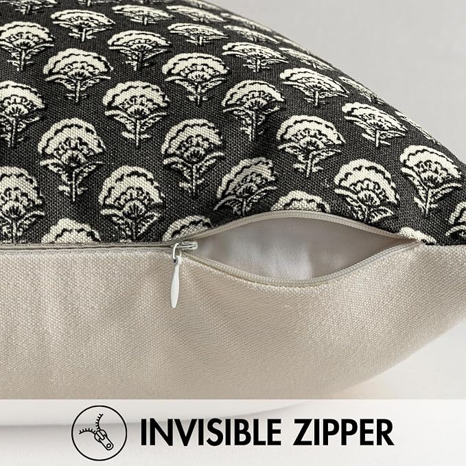MIULEE Floral Print Decorative Euro Pillow Covers 22x22, Black | Vintage Boho Farmhouse Modern Home Decor, Set of 2, Block Print Cushion Covers for Couch Sofa Bed Living Room