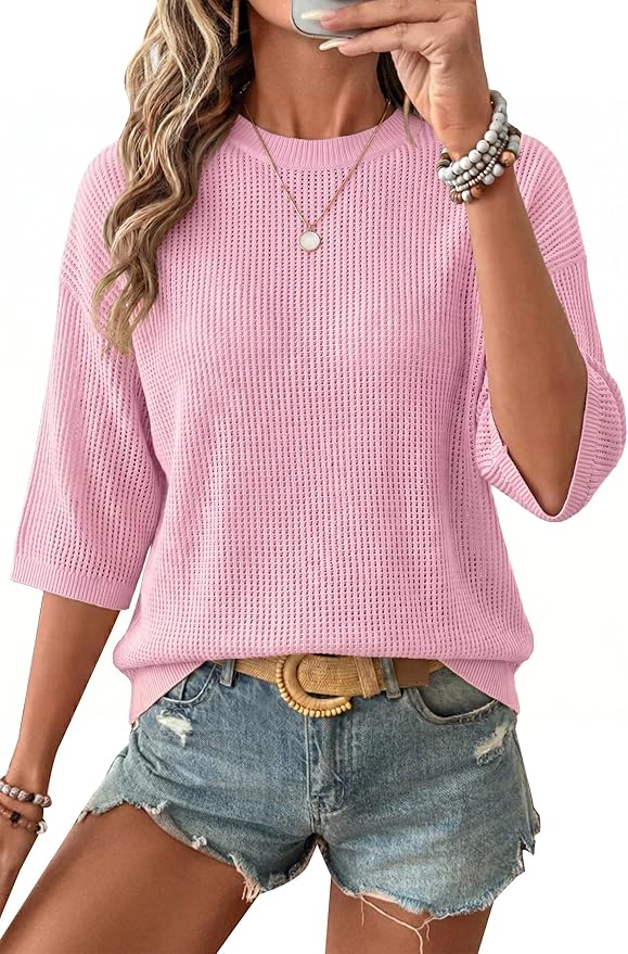 Arach&Cloz Womens Summer 100% Cotton Oversized Crochet Tops 3/4 Length Sleeve Sweater Hollow Out Casual Blouses 2026