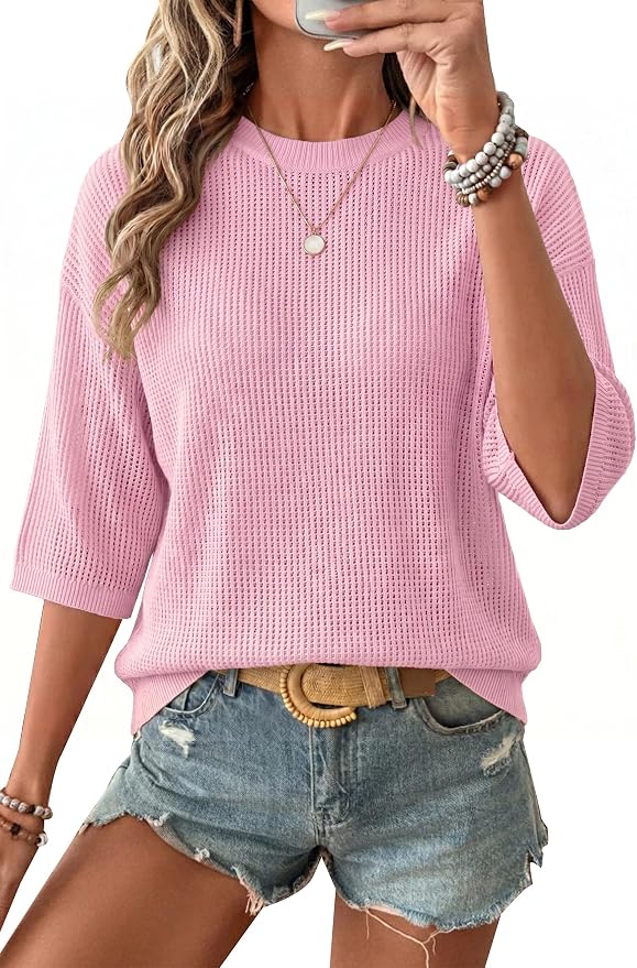 Arach&Cloz Womens Summer 100% Cotton Oversized Crochet Tops 3/4 Length Sleeve Sweater Hollow Out Casual Blouses 2026