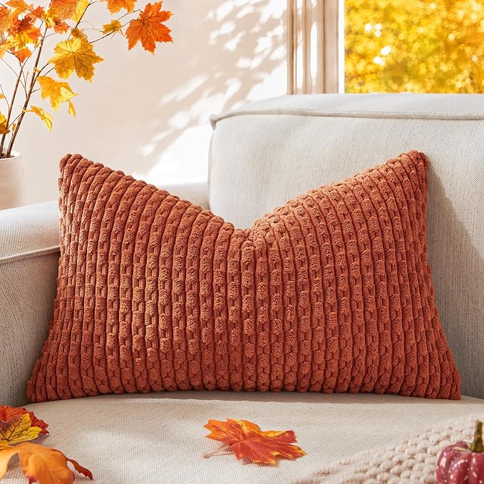 Kevin Textile Soft Corduroy 14"x24" Lumbar Pillow Cover 1 Pack, Rust | Fall Boho Stripe Plush Corduroy Decorative Oblong Cushion Cover Modern Farmhouse Home Decor for Sofa Couch Bed Chair