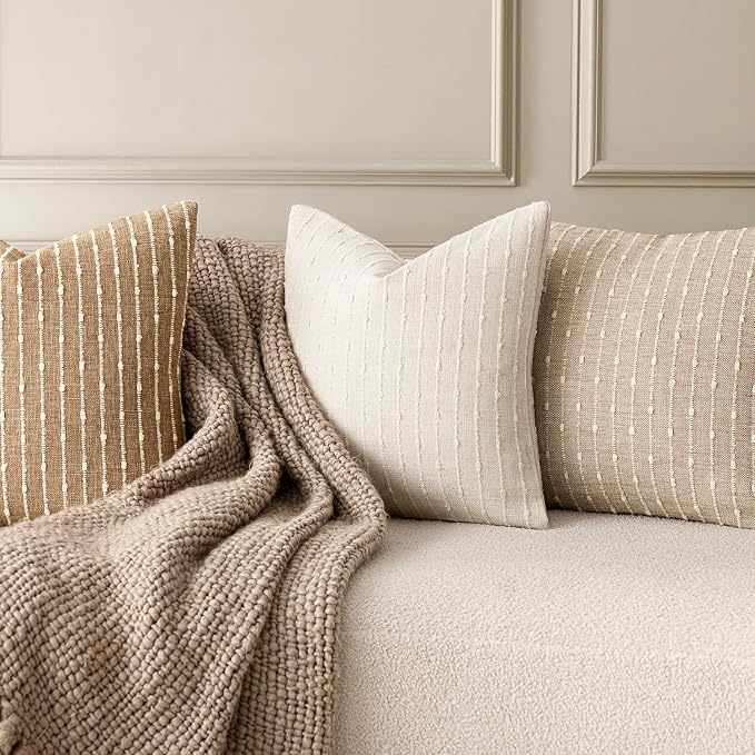 Foindtower Pack of 2 Decorative Jacquard Boucle Throw Pillow Covers Accent Textured Striped Pillowcases Soft Boho Modern Cushion for Couch Sofa Bedroom Living Room Home Decor 20x20 Inch Cream White
