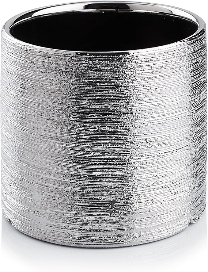 WGVI Silver Etched Ceramic Cylinder Vase Width 5.5" Height 5", Flower Arrangements, Candle Holder, Terrarium Planter Pot, Storage Container Organizer, Pen Brush Holder, Scratched Texture Design, 6 Pc
