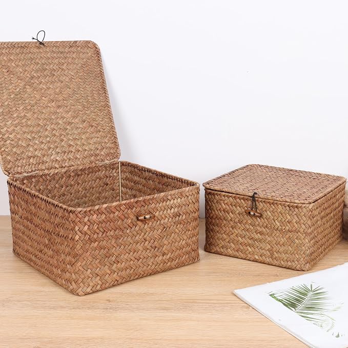 Moosky Wicker Shelf Baskets with Lid, Handwoven Seagrass Storage Basket Bins Square Gift Boxes for Shelves Home Decor Organizer (Coffee, X-Small)