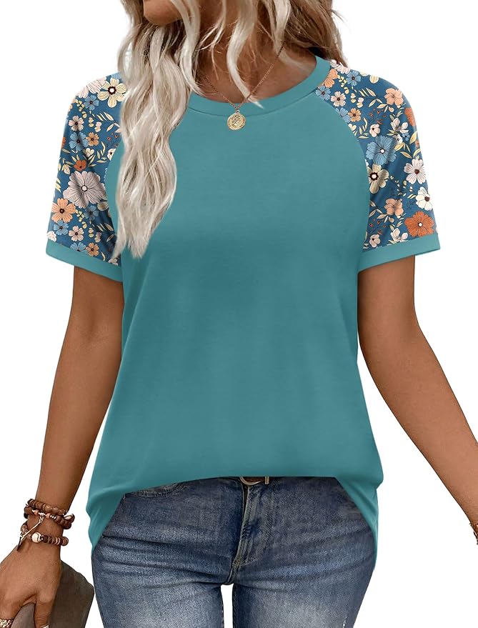 WIHOLL Womens Summer Tops Color Block Short Sleeve Raglan Shirts Spring Fashion Clothes Vacation Outfits