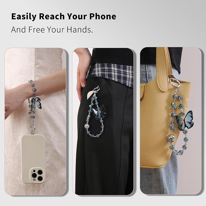 Phone Charm with Beaded Crystals, Anti-Theft Phone Strap, Hands-Free & Detachable Cellphone Lanyard, Cellphone Chain Wristlet with Tether Tab