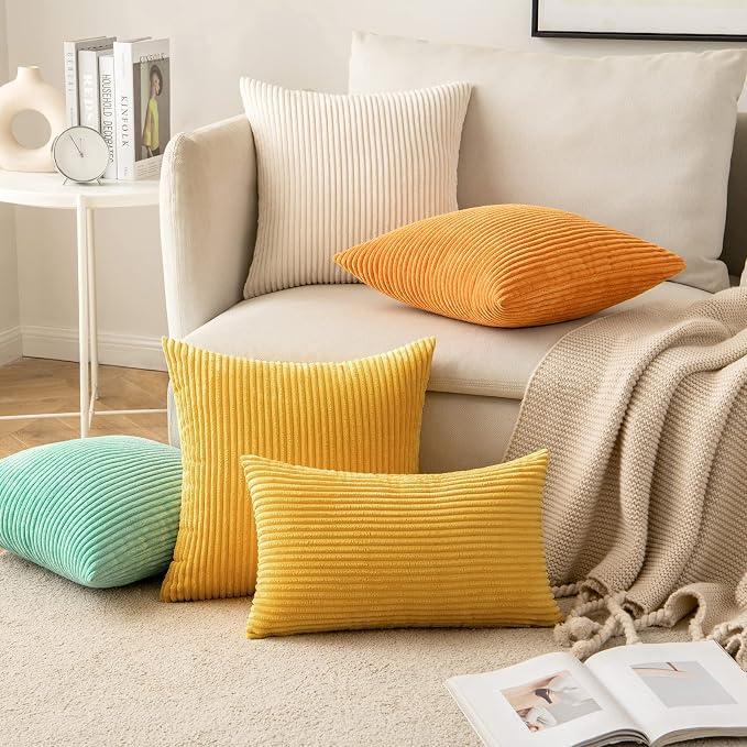 MIULEE Soft Corduroy Throw Pillow Covers Set of 2 16x16 Mustard Yellow | Decorative Striped Textured Cushion Cases, Boho Rustic Square Pillowcases, Home Decor for Couch Chair Sofa Bed Living Room