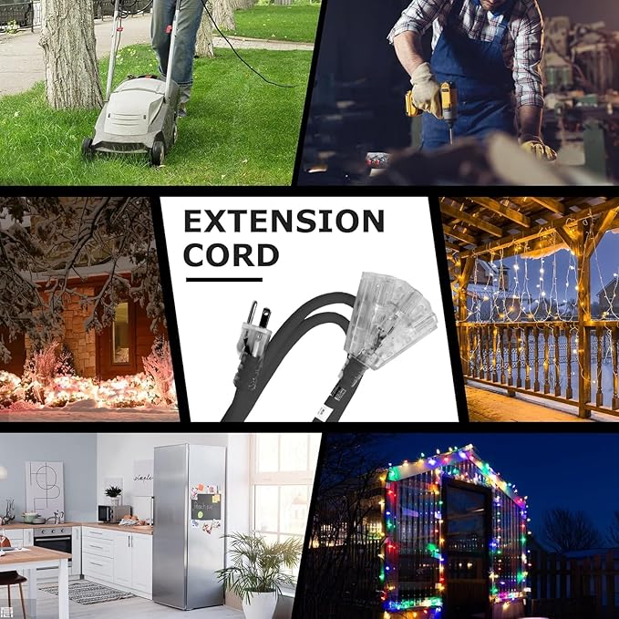 YOJOE 3-Outlets Indoor Outdoor Extension Cord with Lighted End, 3 Prong 15A Weatherproof Power Cord, 12 Gauge Heavy Duty 12 ft Black Extension Cord Multiple Outlets, 12/3 SJTW UL Listed